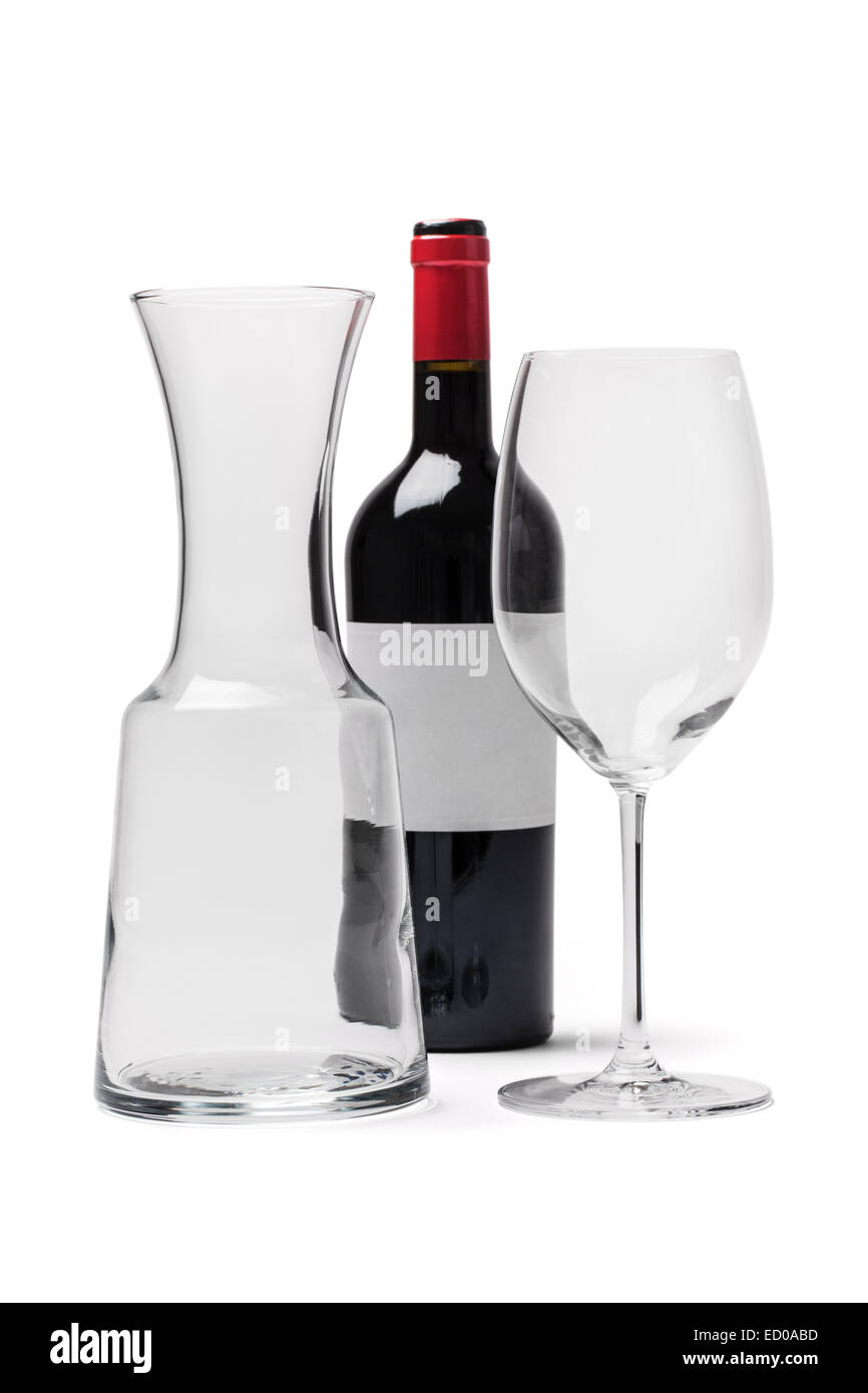 Bottle red wine with glass and carafe (with clipping path), isolated on white background. Stock Photo