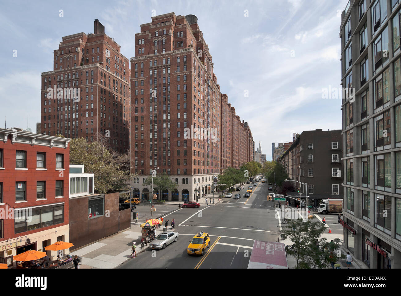 The view from The High Line walkway, apartment blocks on West 23rd Street and 10th Avenue  Chelsea Manhattan New York USA Stock Photo