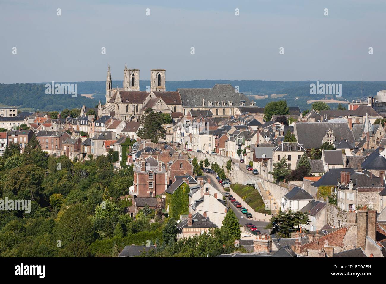 France, Aisne, Laon, view on the town and the St Martin church from the top of the cathedral Stock Photo