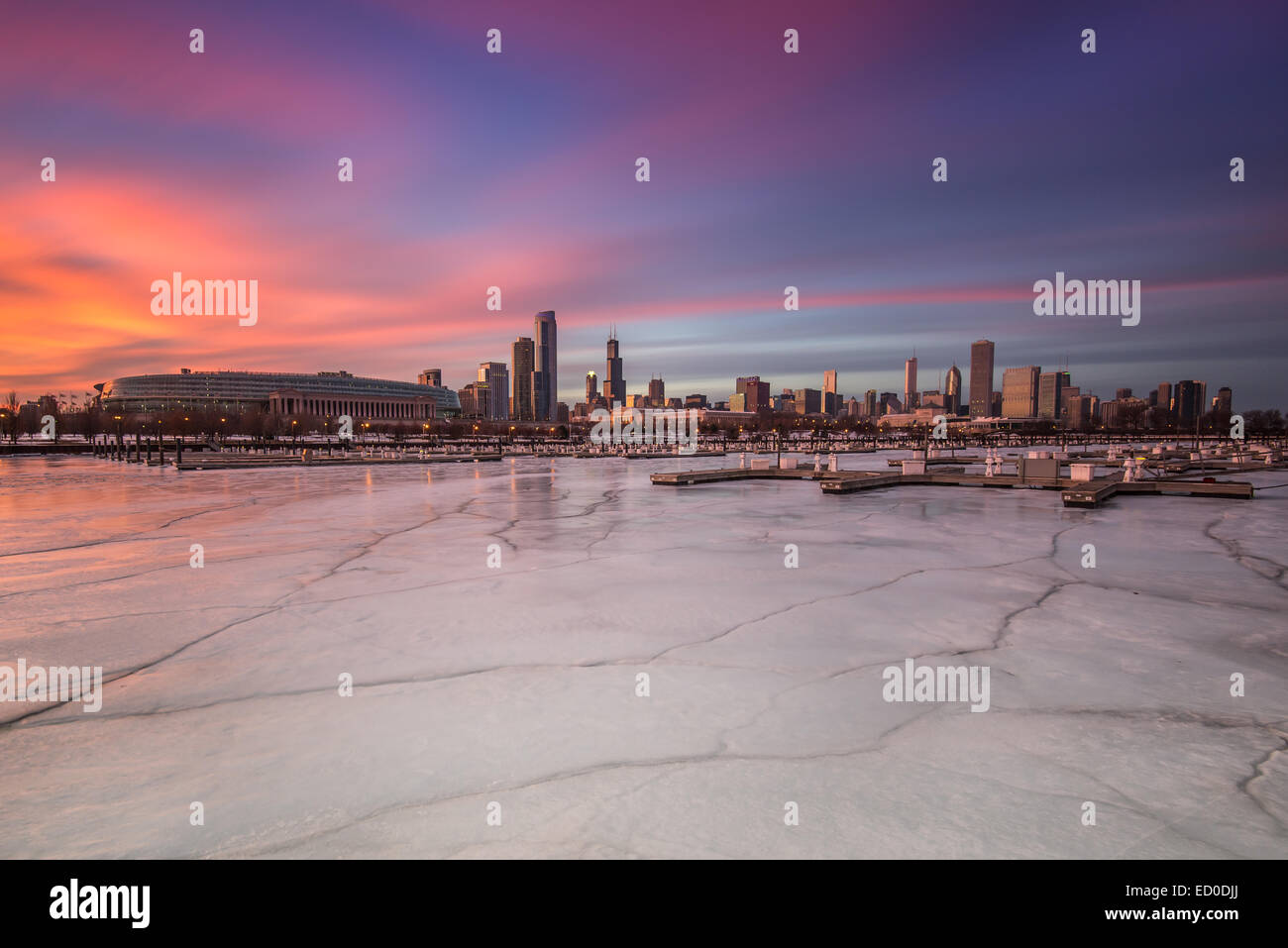 Downtown city skyline and frozen harbour in winter, Chicago, Illinois, USA Stock Photo