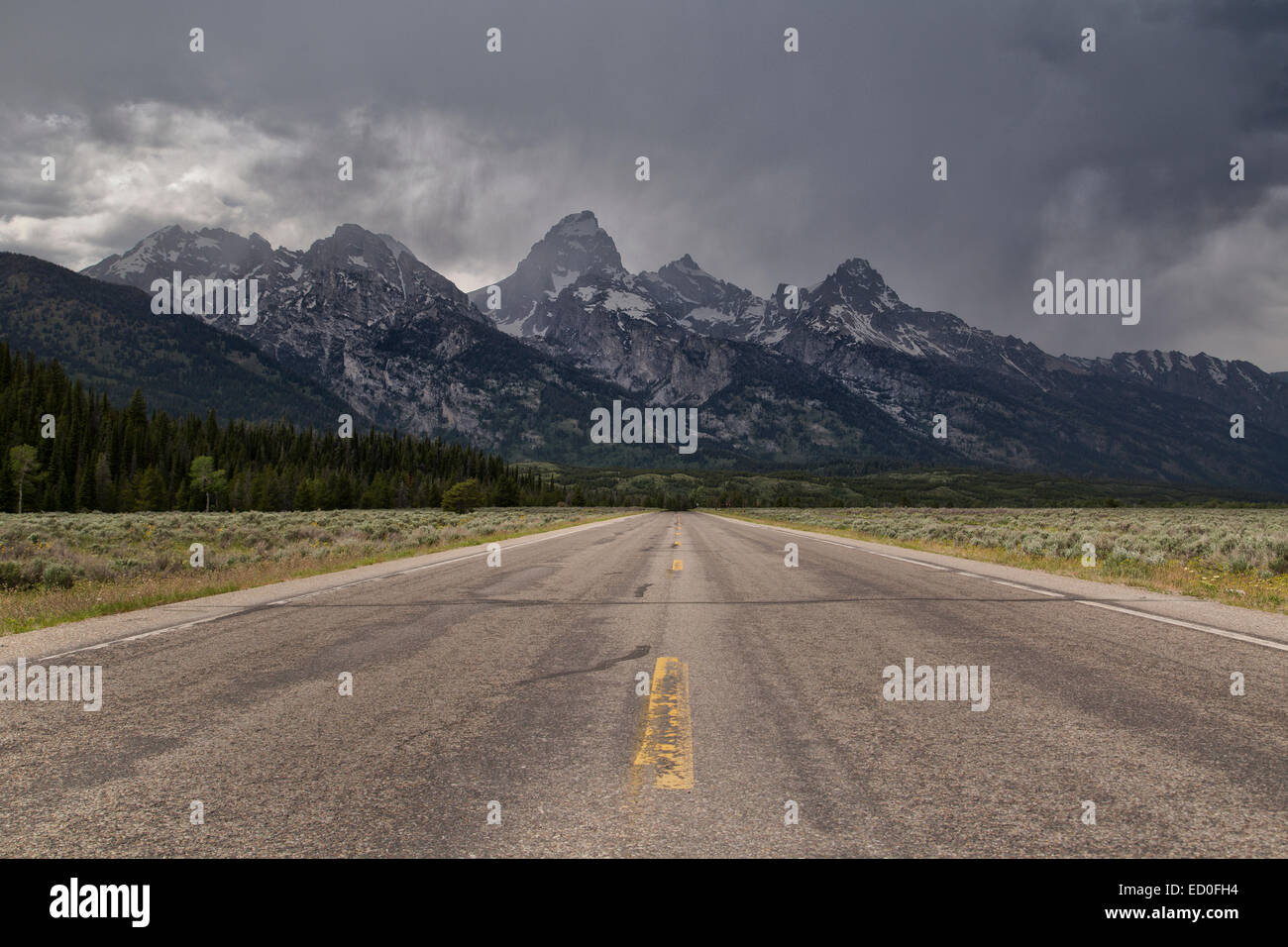 Straight road to mountains near Jackson Hole, Grand Teton National Park, Wyoming, USA Stock Photo
