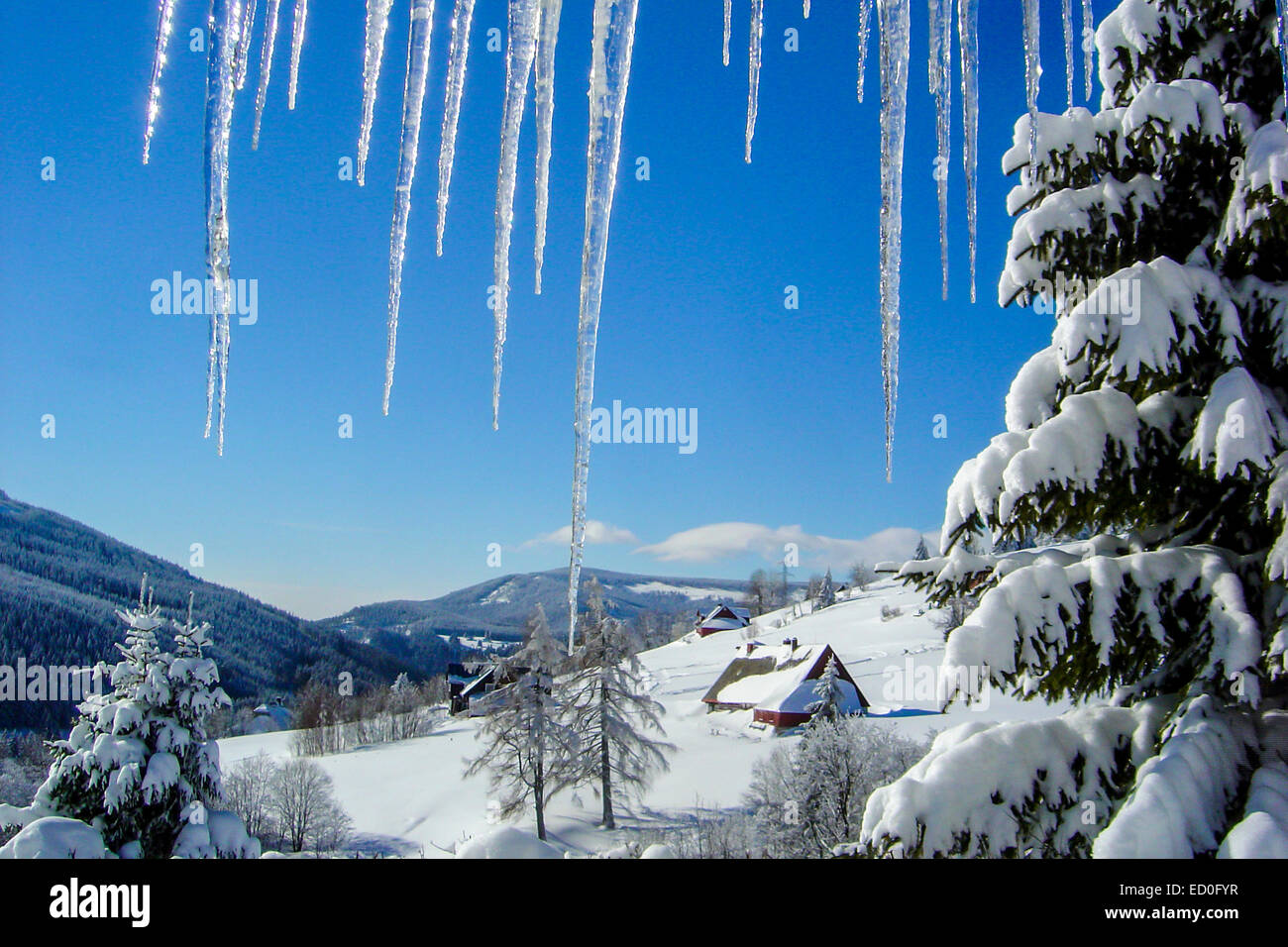 sunny winter day in mountain countryside Stock Photo