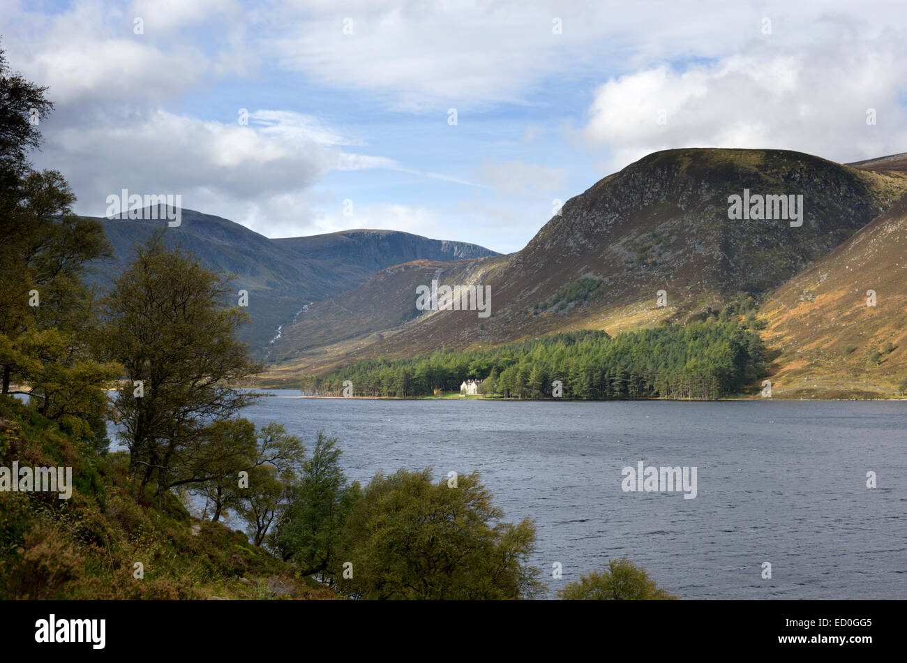 Looking across Loch Muick to Queen Victorias Glas allt Shiel and the