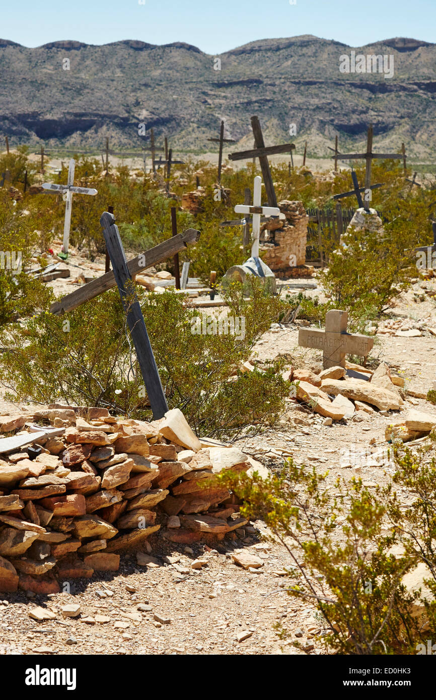 graves marked by wooden crosses at Terlingua Ghost Town Cemetery, Texas