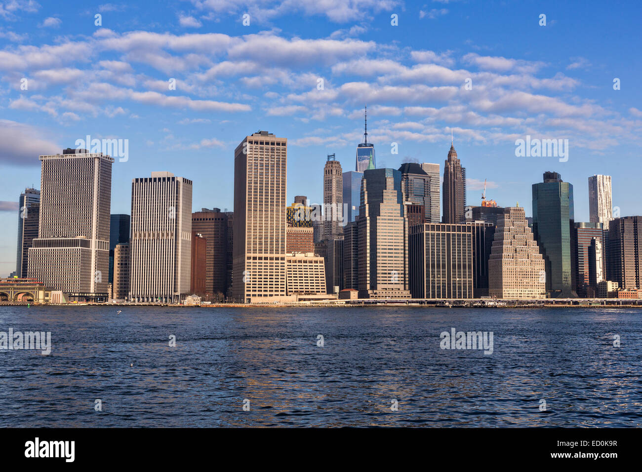 Lower Manhattan Skyline Viewed From The Brooklyn Bridge Park Across Stock Photo Alamy