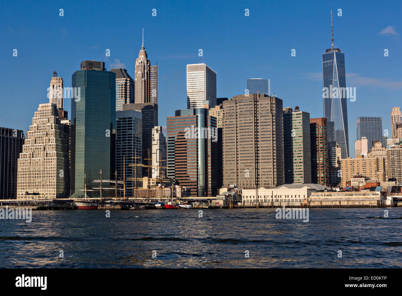 Lower Manhattan Skyline Viewed From The Brooklyn Bridge Park Across Stock Photo Alamy