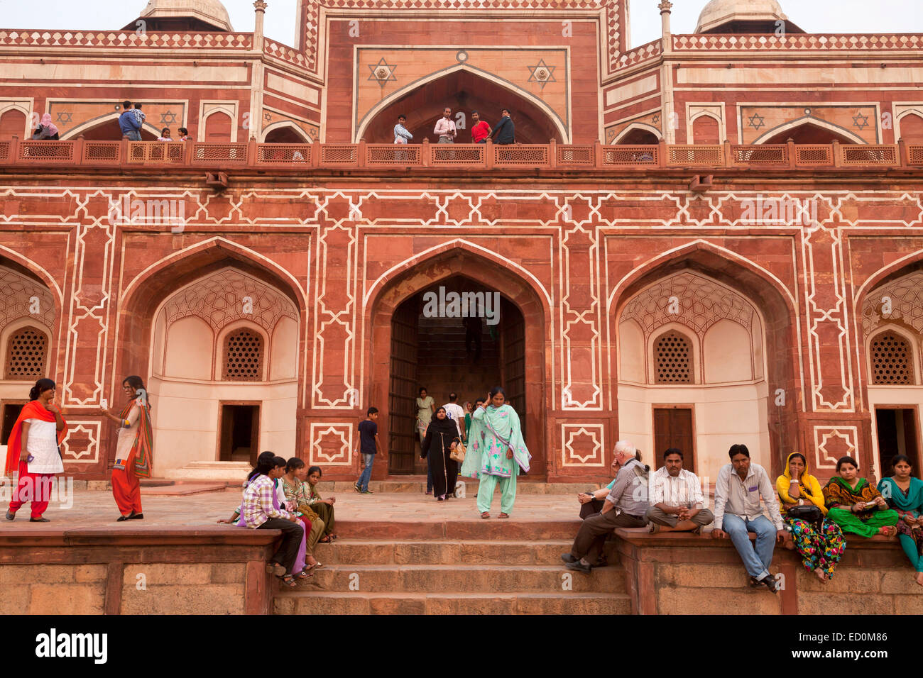 Indian visitors at the entrance to Humayun's Tomb, UNESCO world heritage in Delhi, India, Asia Stock Photo