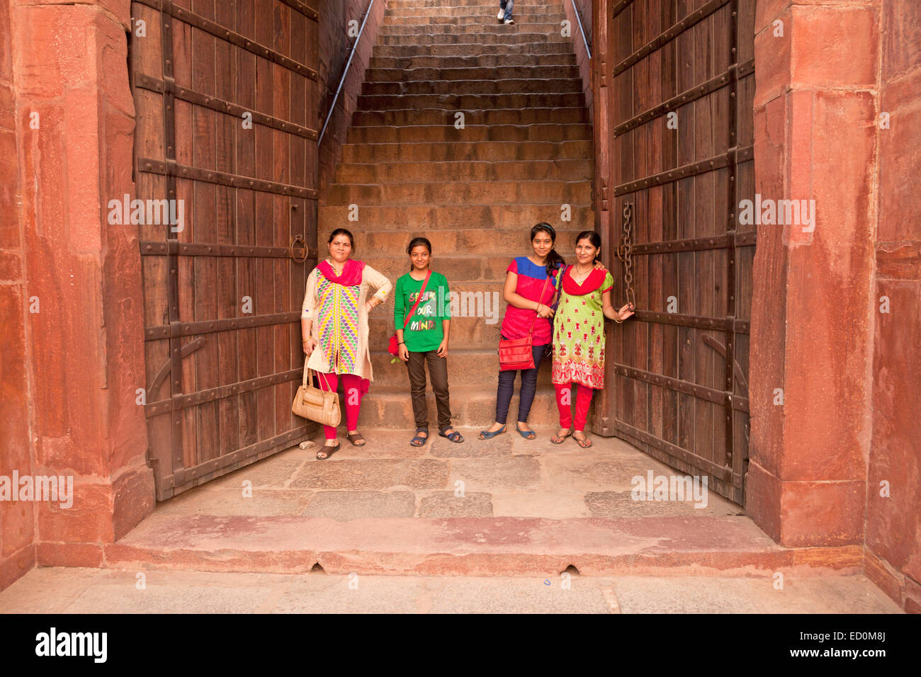 Indian woman at the entrance to Humayun's Tomb, UNESCO world heritage in Delhi, India, Asia Stock Photo