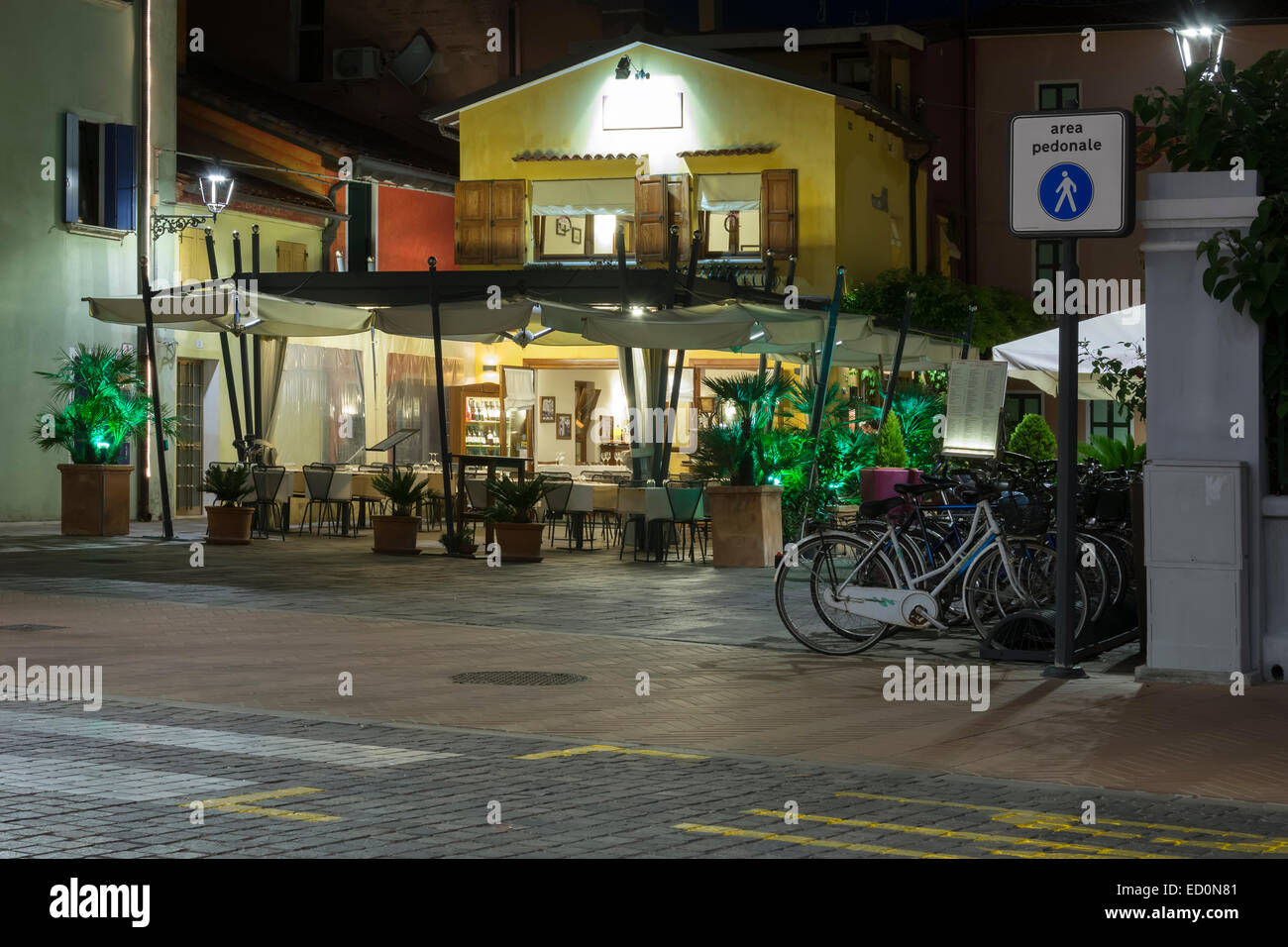 Typical Italian restaurant on Adriatic coast Caorle, Italy - nighttime view Stock Photo