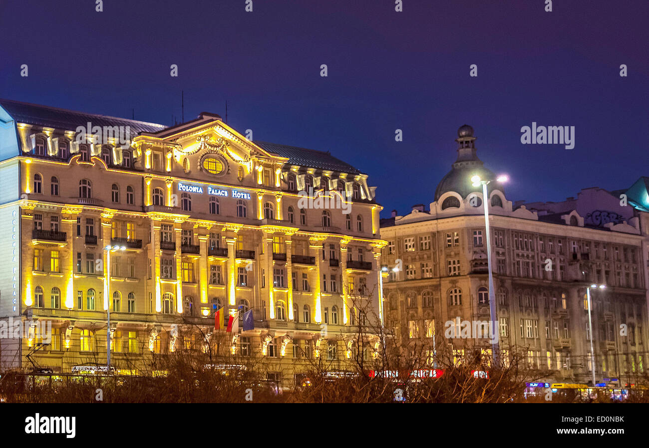Polonia Palace Hotel at night in Warsaw, Poland Stock Photo