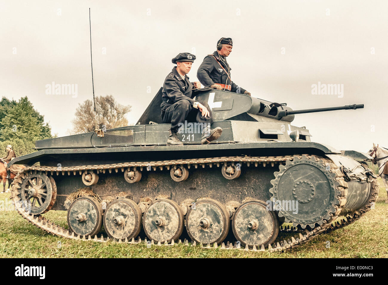 German tank (PzKpfw II, Panzer II) crew during WWII Battle of Lomianki - historical reenactment, Poland Stock Photo
