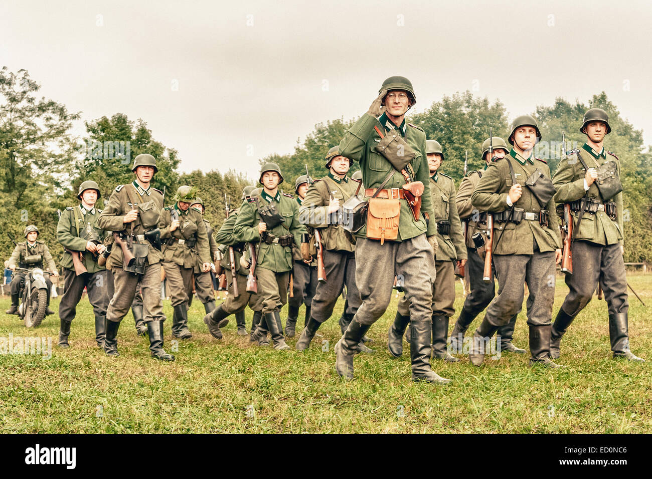 German infantry soldiers during WWII Battle of Lomianki - historical reenactment, Poland Stock Photo
