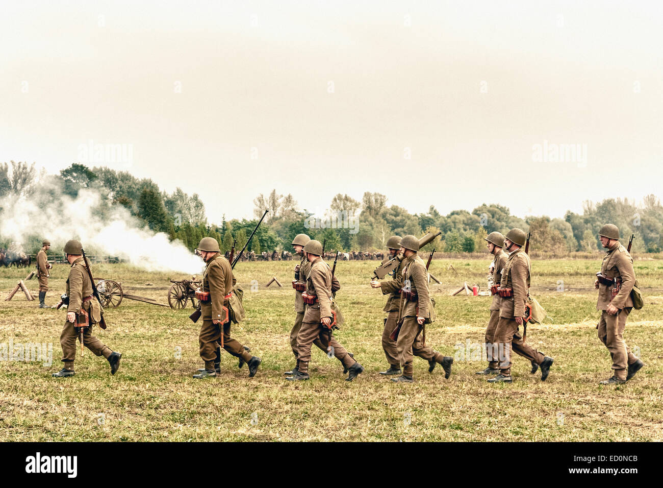 Polish infantry soldiers during WWII Battle of Lomianki - historical reenactment, Poland Stock Photo