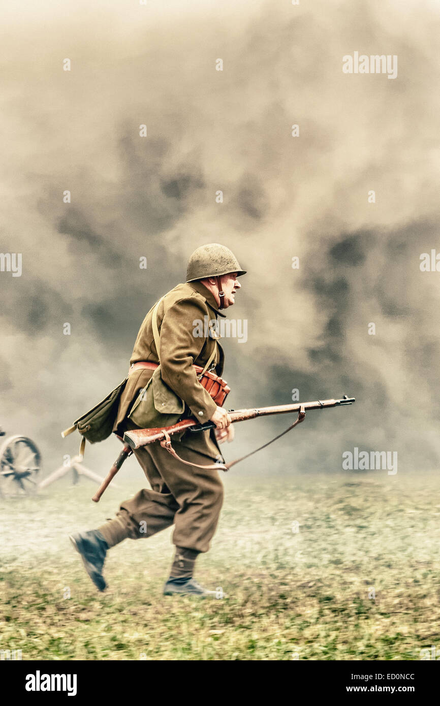Polish infantry soldier during WWII Battle of Lomianki - historical reenactment, Poland Stock Photo