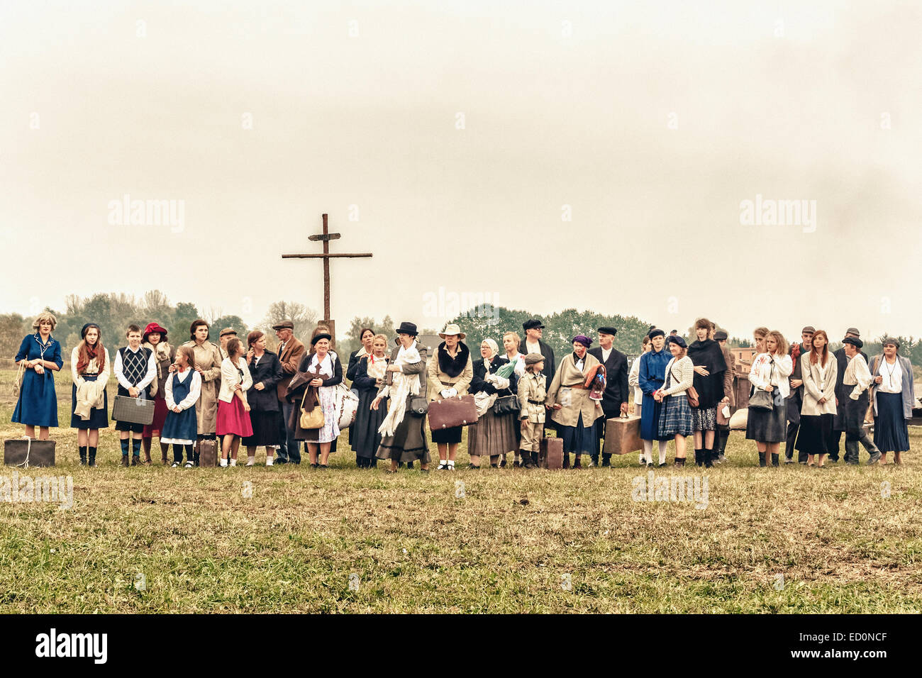 Polish civilians during WWII Battle of Lomianki - historical reenactment, Poland Stock Photo