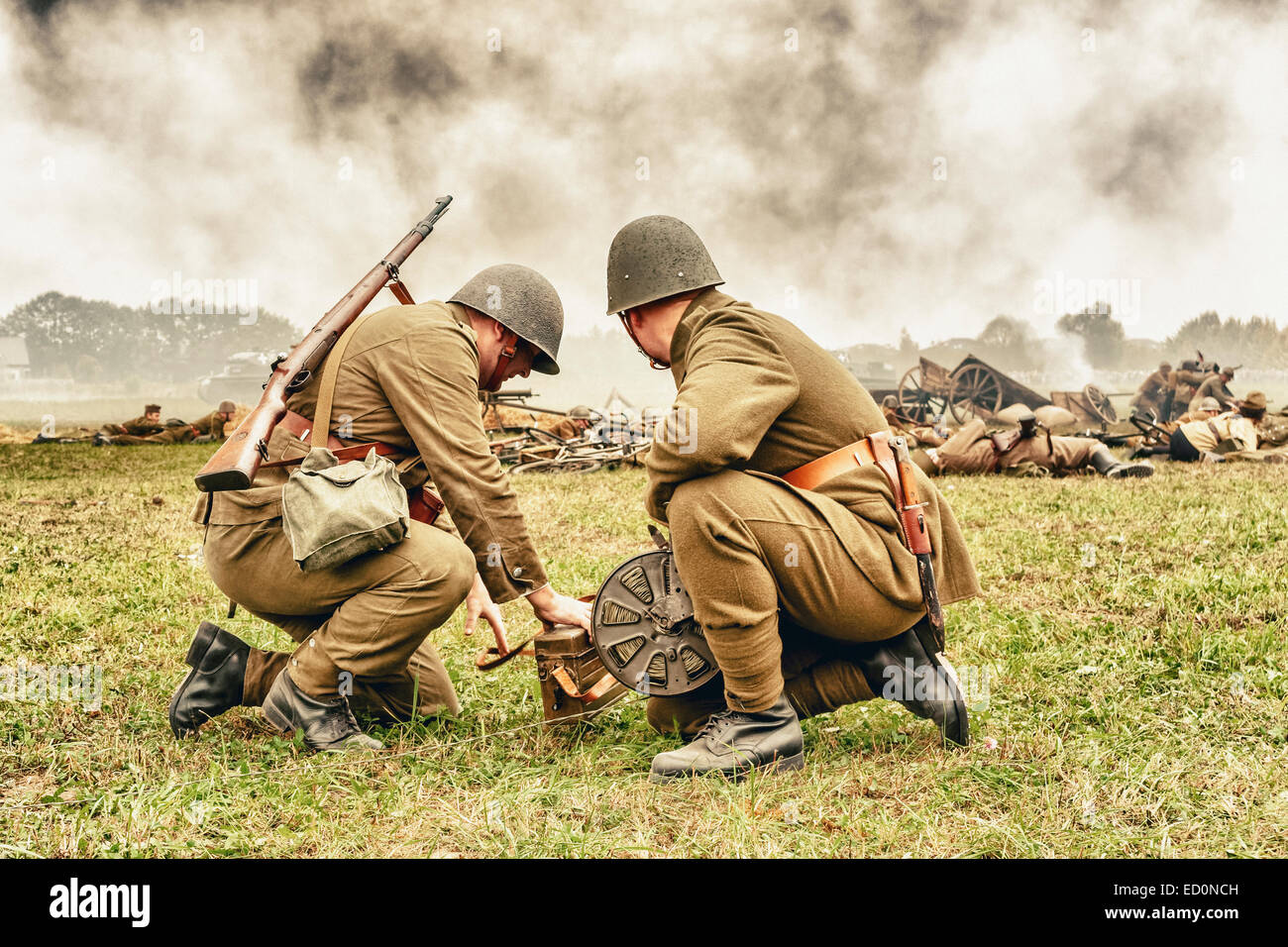 Military communications soldiers during WWII Battle of Lomianki - historical reenactment, Poland Stock Photo