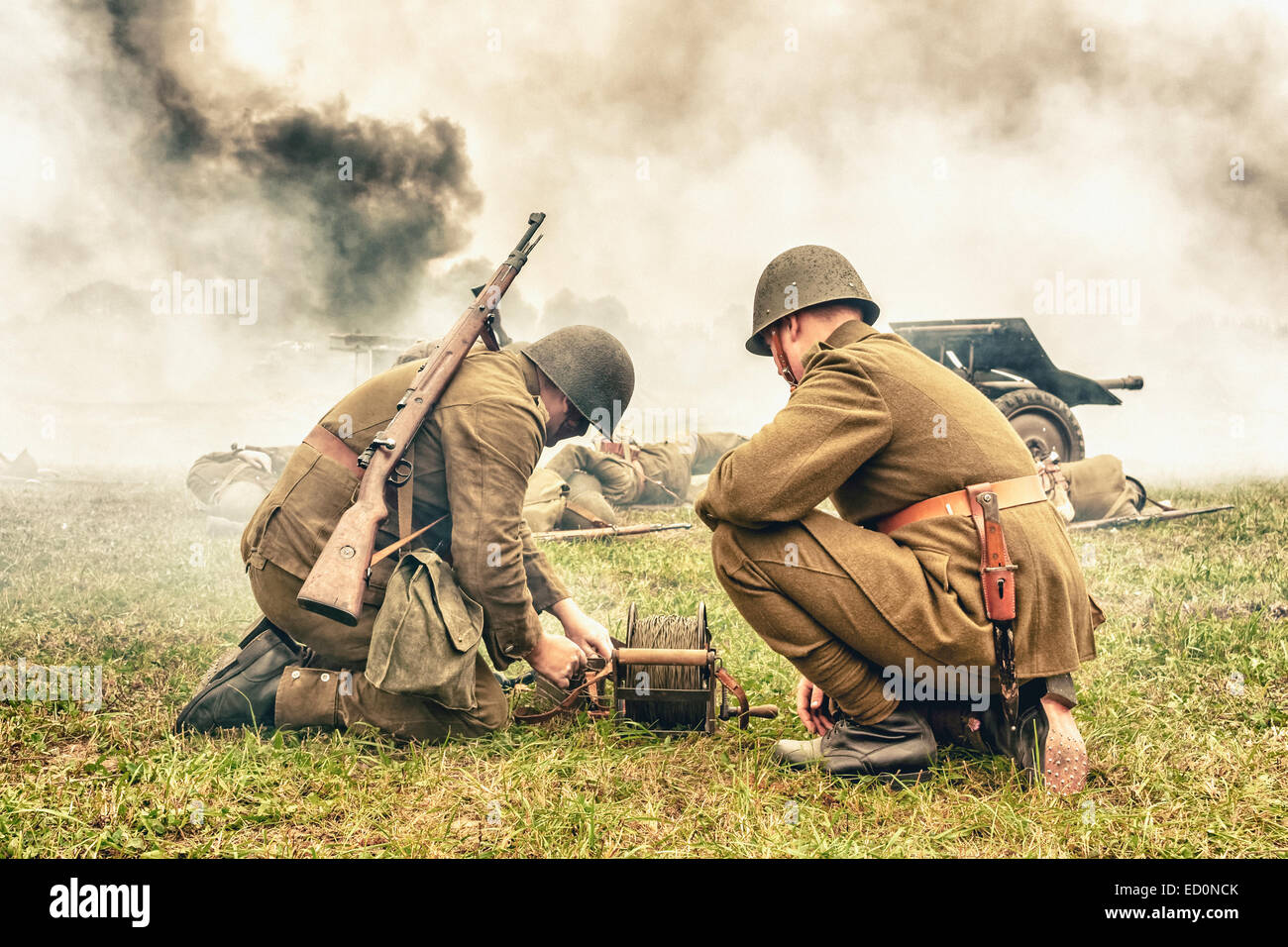 Military communications soldiers during WWII Battle of Lomianki - historical reenactment, Poland Stock Photo