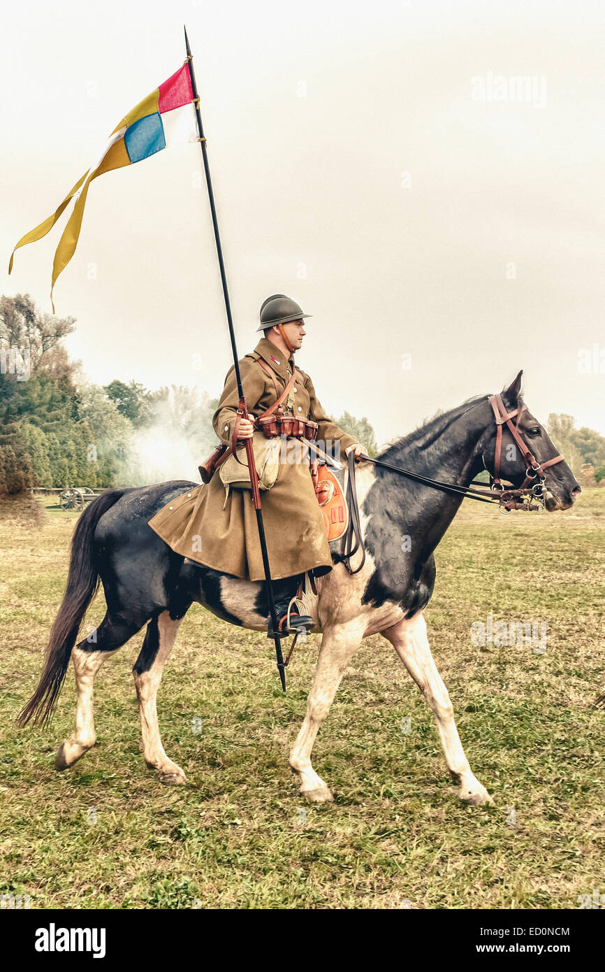 Polish cavalryman ride his horse during WWII Battle of Lomianki - historical reenactment, Poland Stock Photo