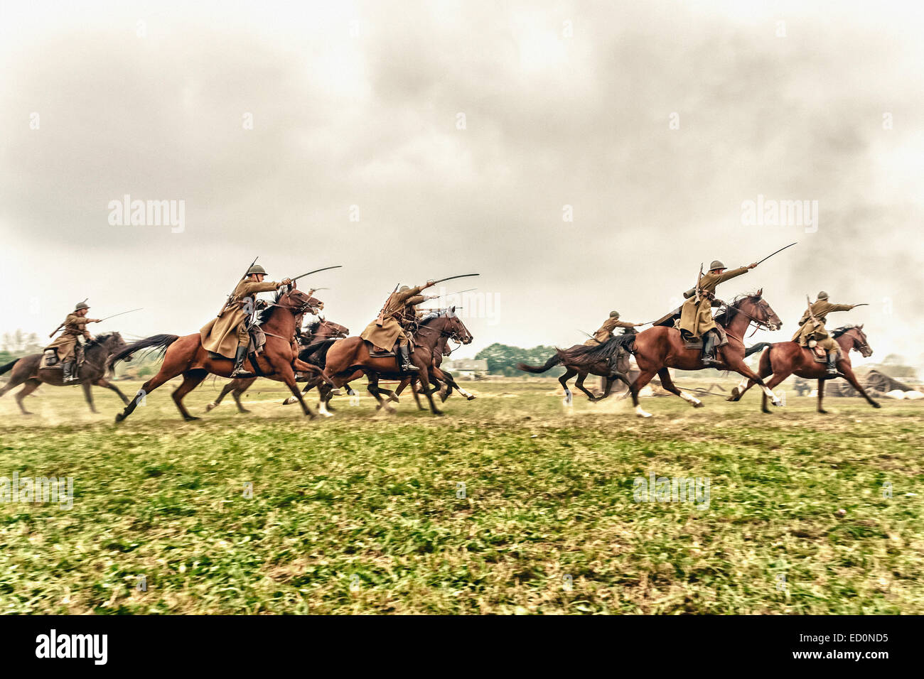 Polish cavalry ride their horses during WWII Battle of Lomianki - historical reenactment, Poland Stock Photo