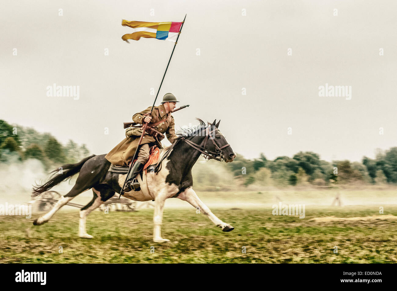 Polish cavalry ride their horses during Battle of Lomianki - historical reenactment, Poland Stock Photo