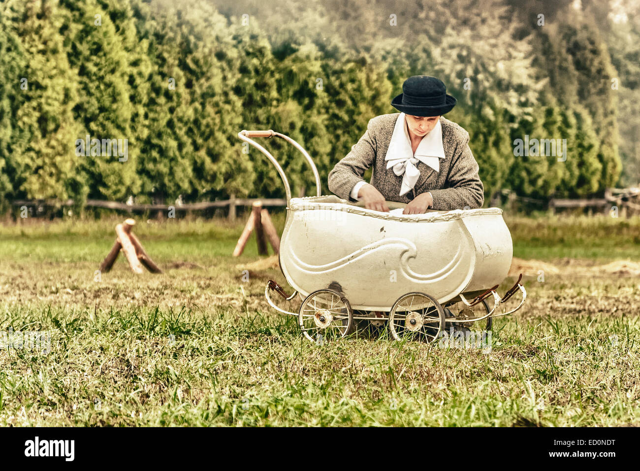 A civilian woman with cart during WWII Battle of Lomianki - historical reenactment, Poland Stock Photo
