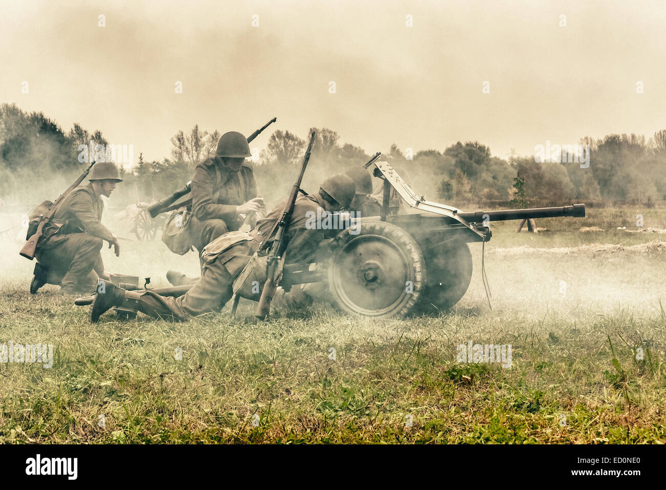 Polish artillery with a cannon during WWII Battle of Lomianki - historical reenactment, Poland Stock Photo