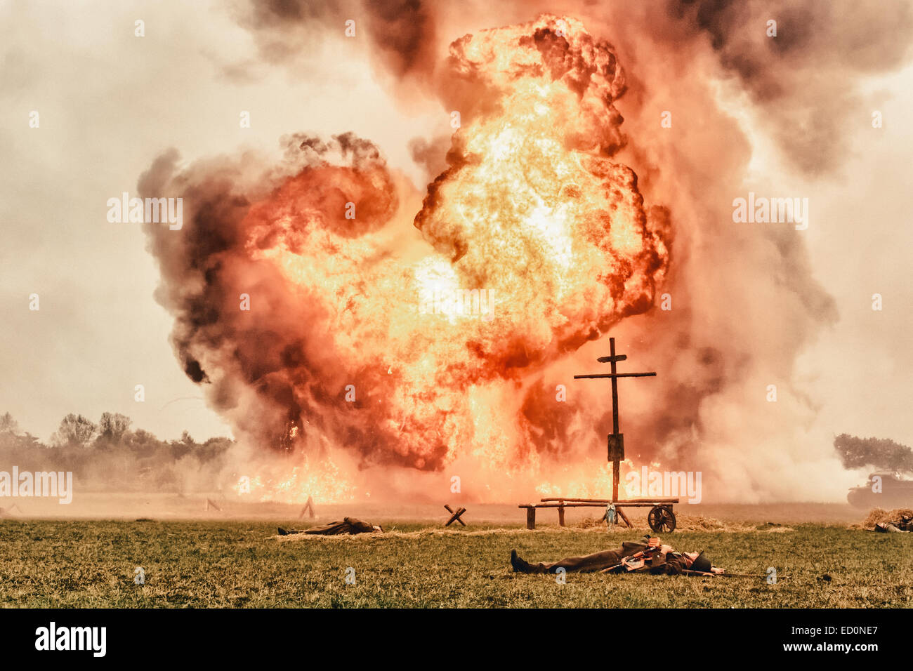 Explosion following aircraft bombing during WWII Battle of Lomianki - historical reenactment, Poland Stock Photo