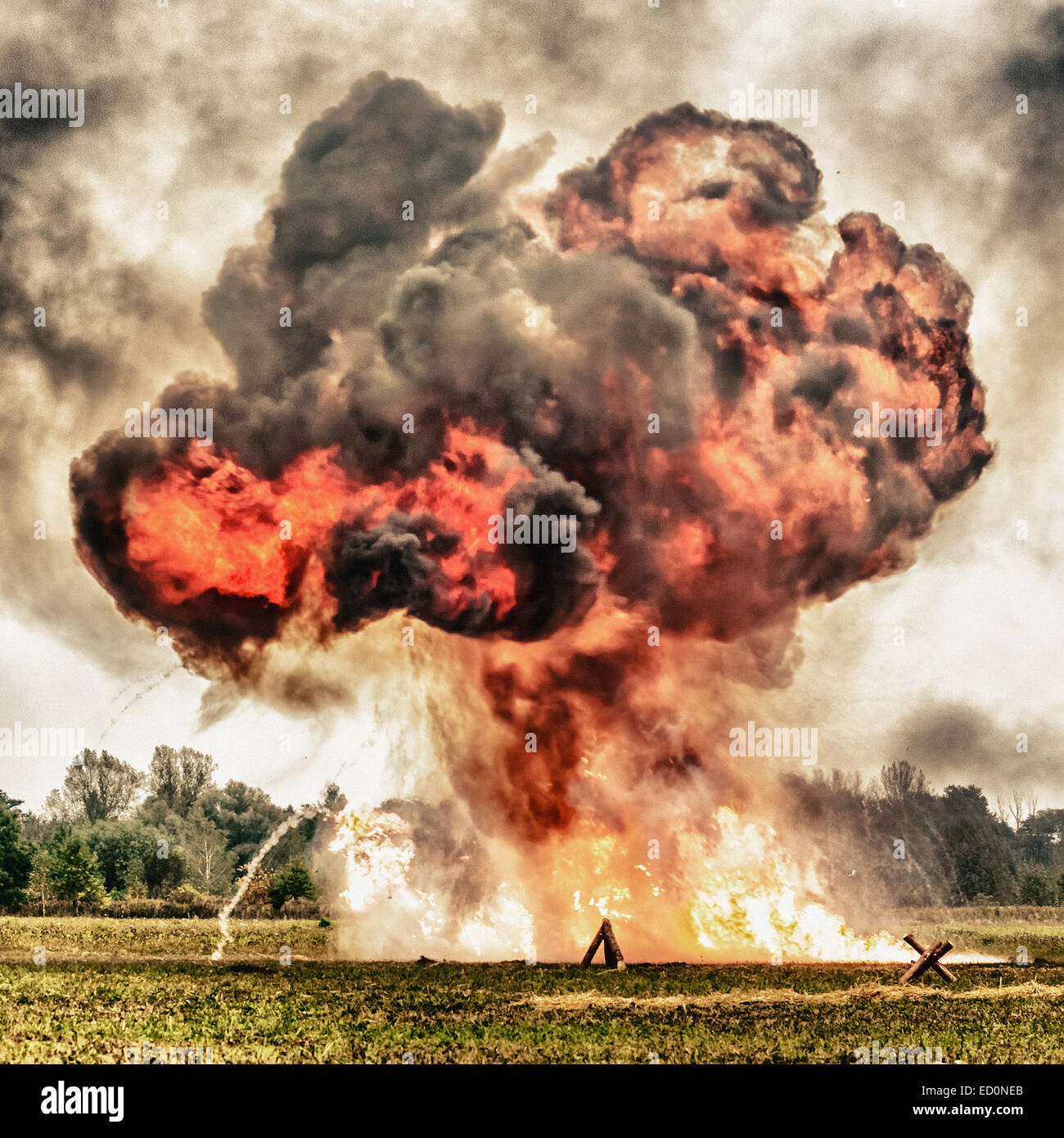 Explosion following aircraft bombing during WWII Battle of Lomianki - historical reenactment, Poland Stock Photo