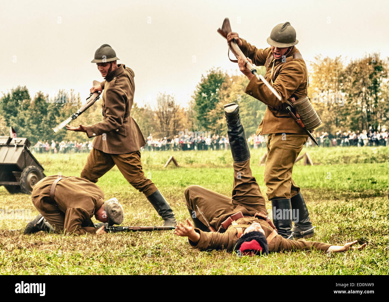 Polish infantry show bayonets fight with Soviet soldiers during WWII historical reenactment in Lomianki, Poland Stock Photo