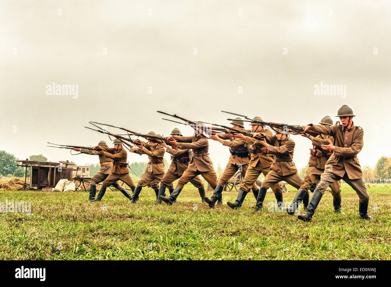 Polish infantry show bayonets fight during WWII historical reenactment in Lomianki, Poland Stock Photo