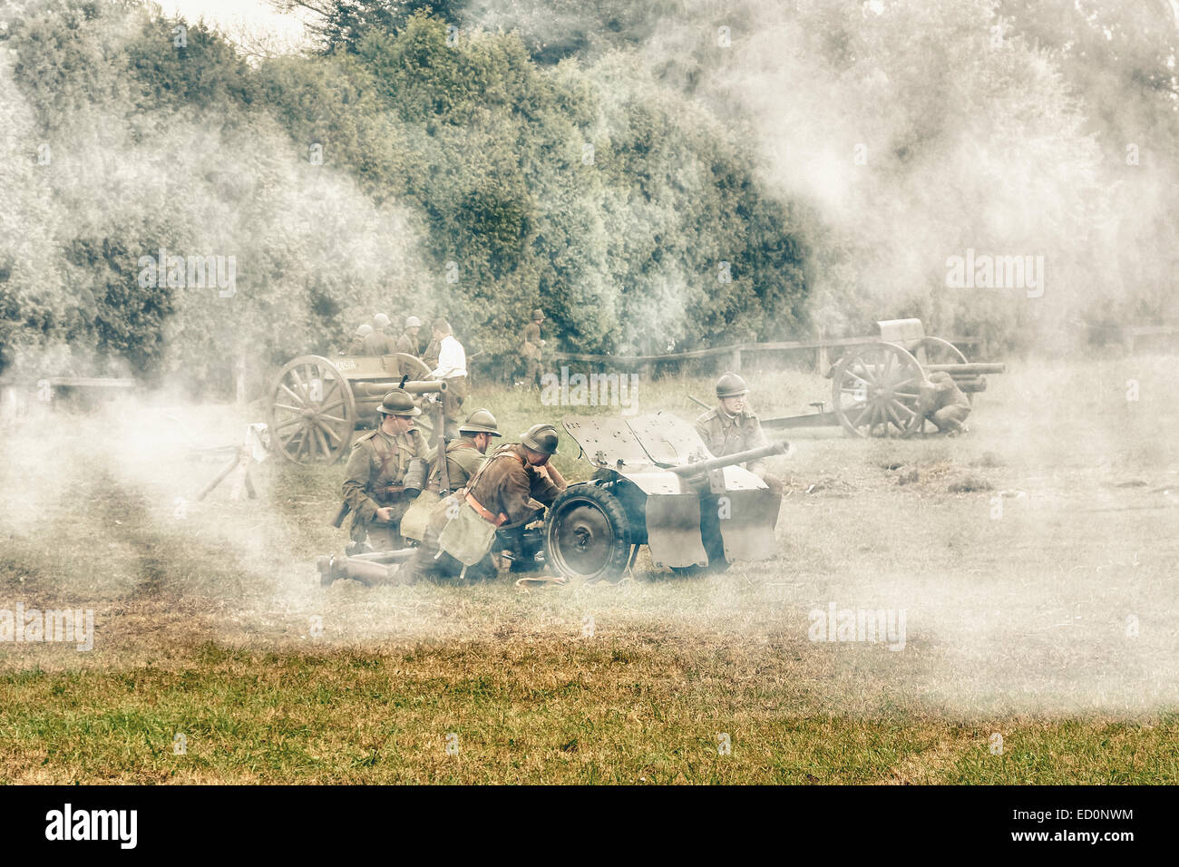 Polish artillery with a cannon during WWII Battle of Lomianki - historical reenactment, Poland Stock Photo