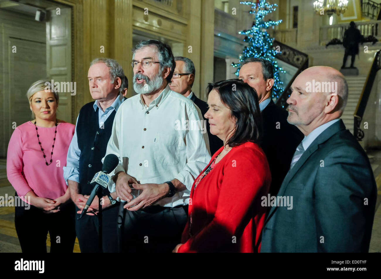 Belfast, Northern Ireland. 23 Dec 2014 - Deputy First Minister Martin McGuinness, and party president Gerry Adams (Sinn Fein) give their reaction to the agreement made between the Northern Ireland executive parties, and the British and Irish Governments Credit:  Stephen Barnes/Alamy Live News Stock Photo