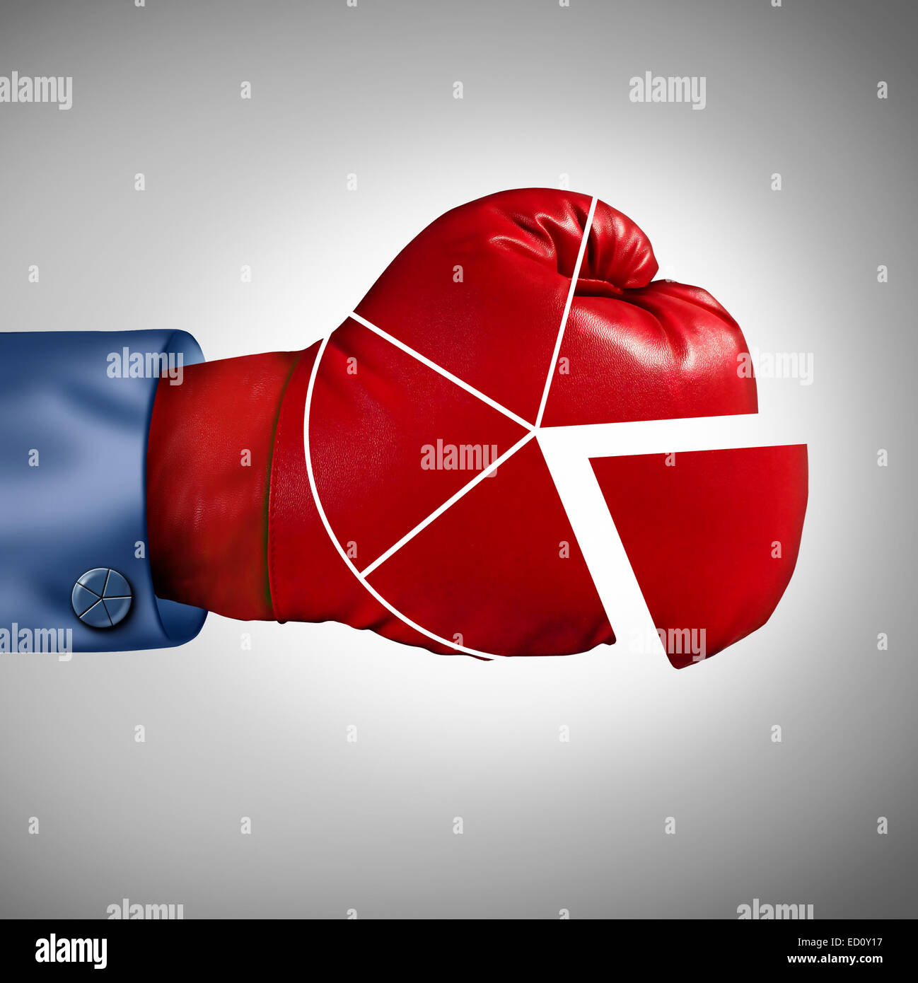 Competition market share loss business concept as a red boxing glove shaped as a financial pie chart diagram as a symbol for losing economic competitiveness. Stock Photo