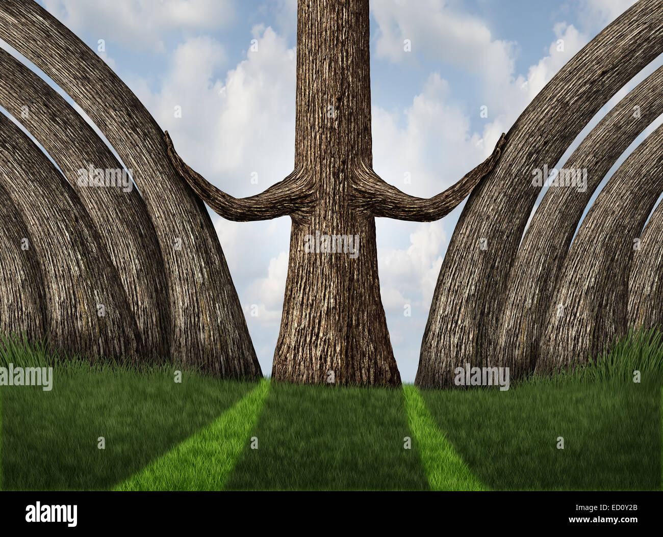 Pushing out the competition as a career and ambition business concept as a metaphor with a powerful tree moving market competitors with branches shaped as human arms. Stock Photo