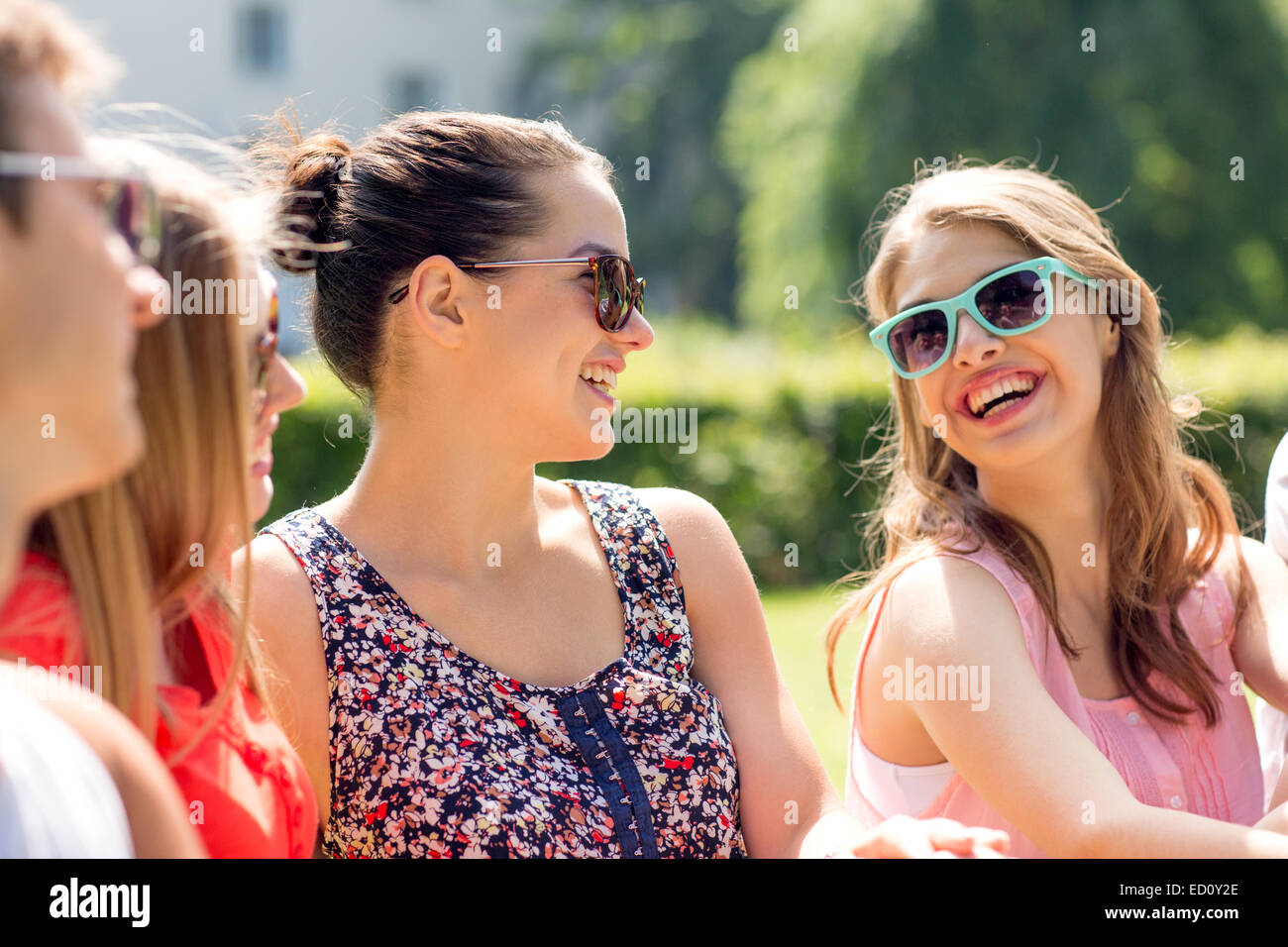 group of smiling friends outdoors sitting in park Stock Photo - Alamy