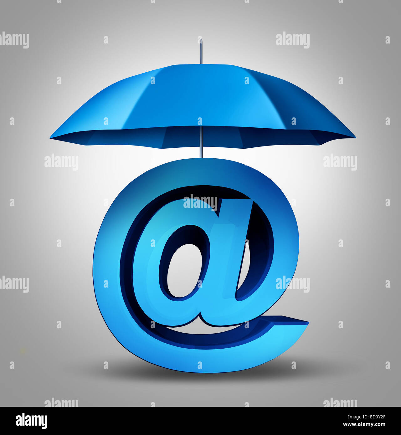 Internet security and email protection technology concept as a blue umbrella providing safety to a three dimensional ampersand web symbol and website icon. Stock Photo