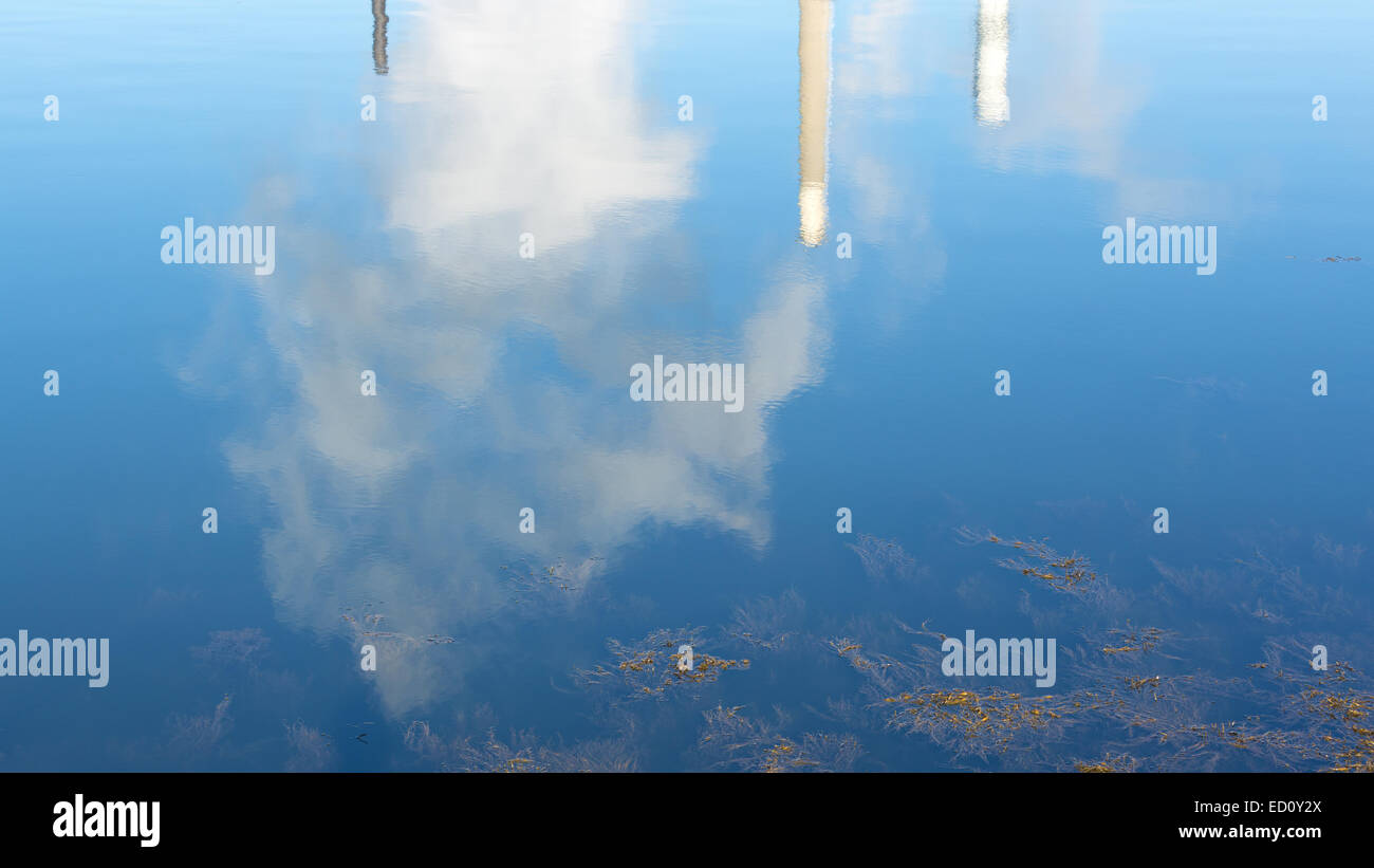 Several smoke stacks emitting steam and vapor reflected on calm water with seaweed in the foreground. Stock Photo