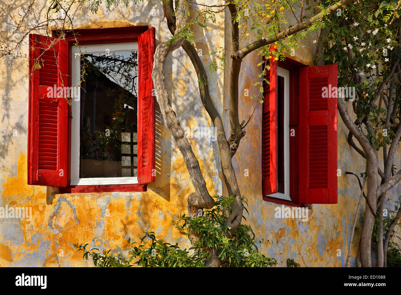 An old house in Anafiotika, the most picturesque neighborhood of Plaka, Athens, Greece, right below the Acropolis Stock Photo