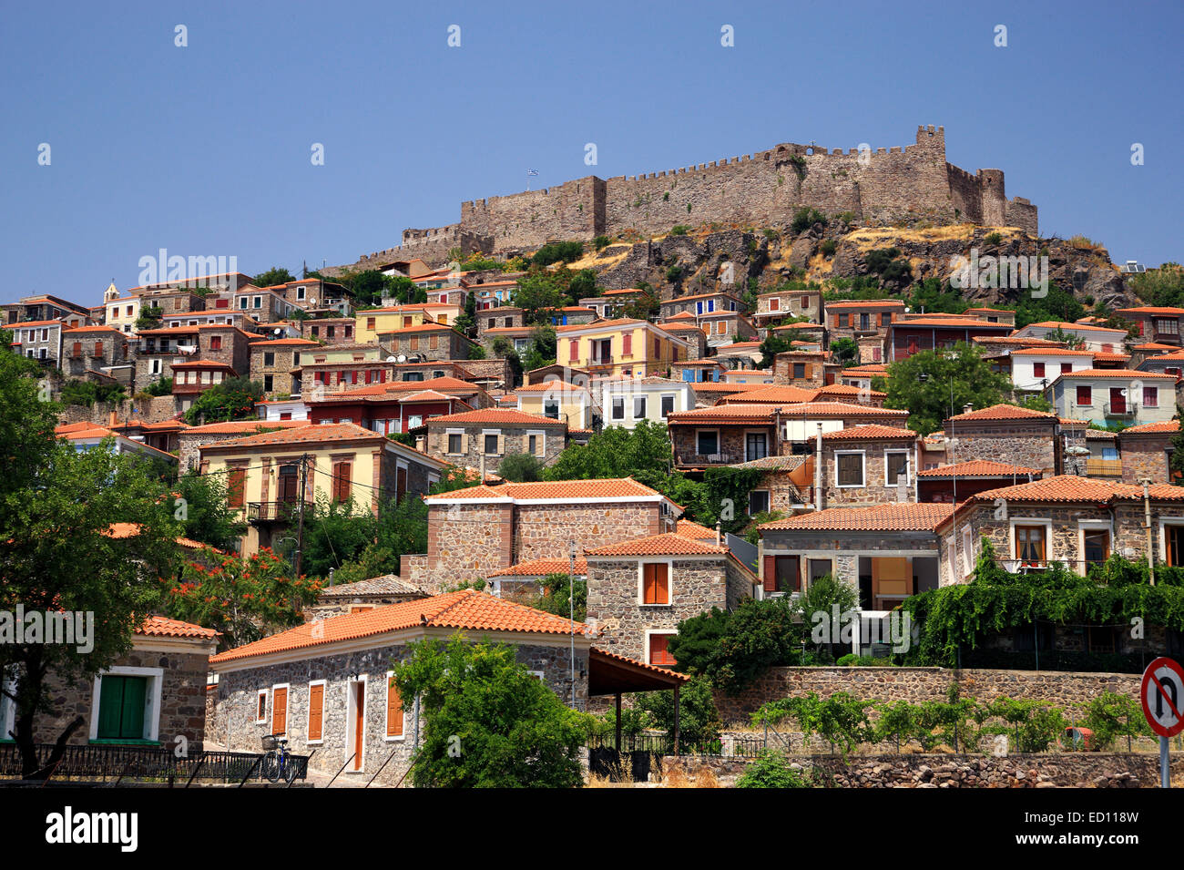 Partial view of beautiful Molyvos town with its medieval castle on top