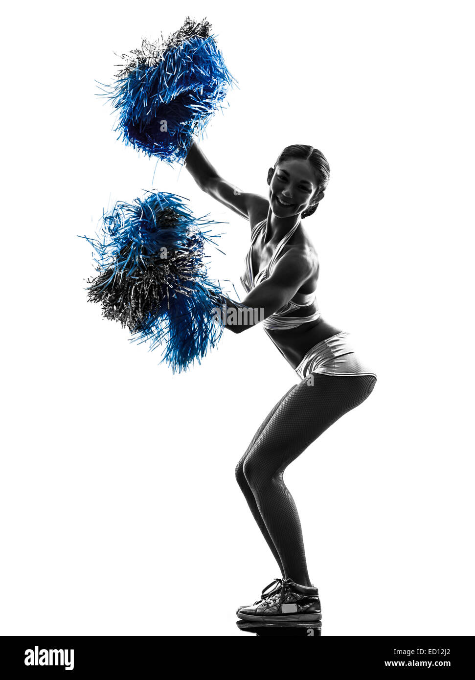 one young woman cheerleader cheerleading silhouette studio on white