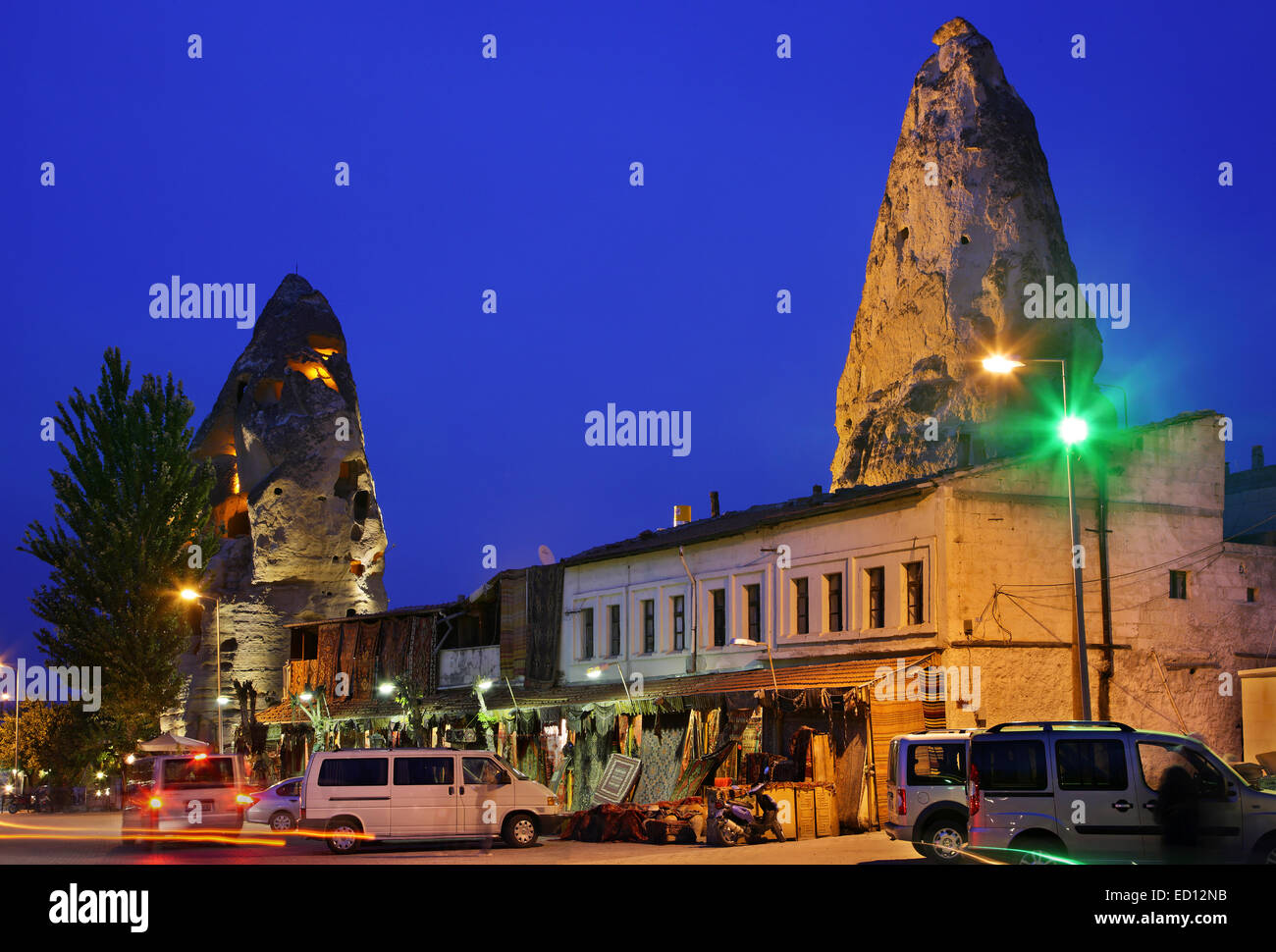 Goreme village in the heart of Cappadocia, in the 'blue' hour. Nevsehir, Anatolia, Turkey. Stock Photo