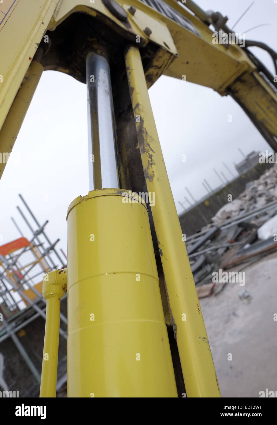 close in detail of a digger construction plant hydraulic ram machine