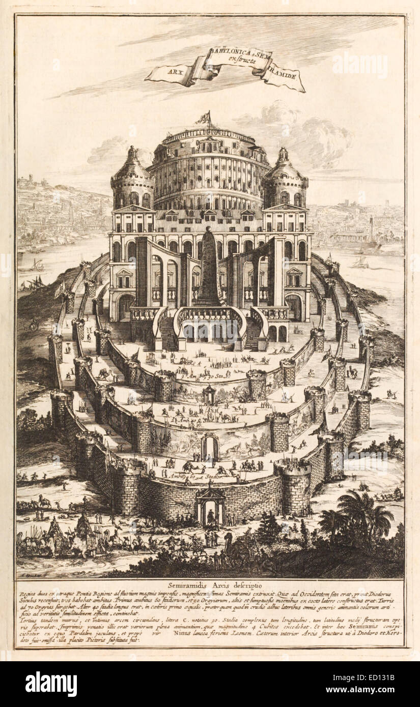 17th century illustration of the The Hanging Gardens of Babylon, Semiramis.  See description for more information Stock Photo - Alamy