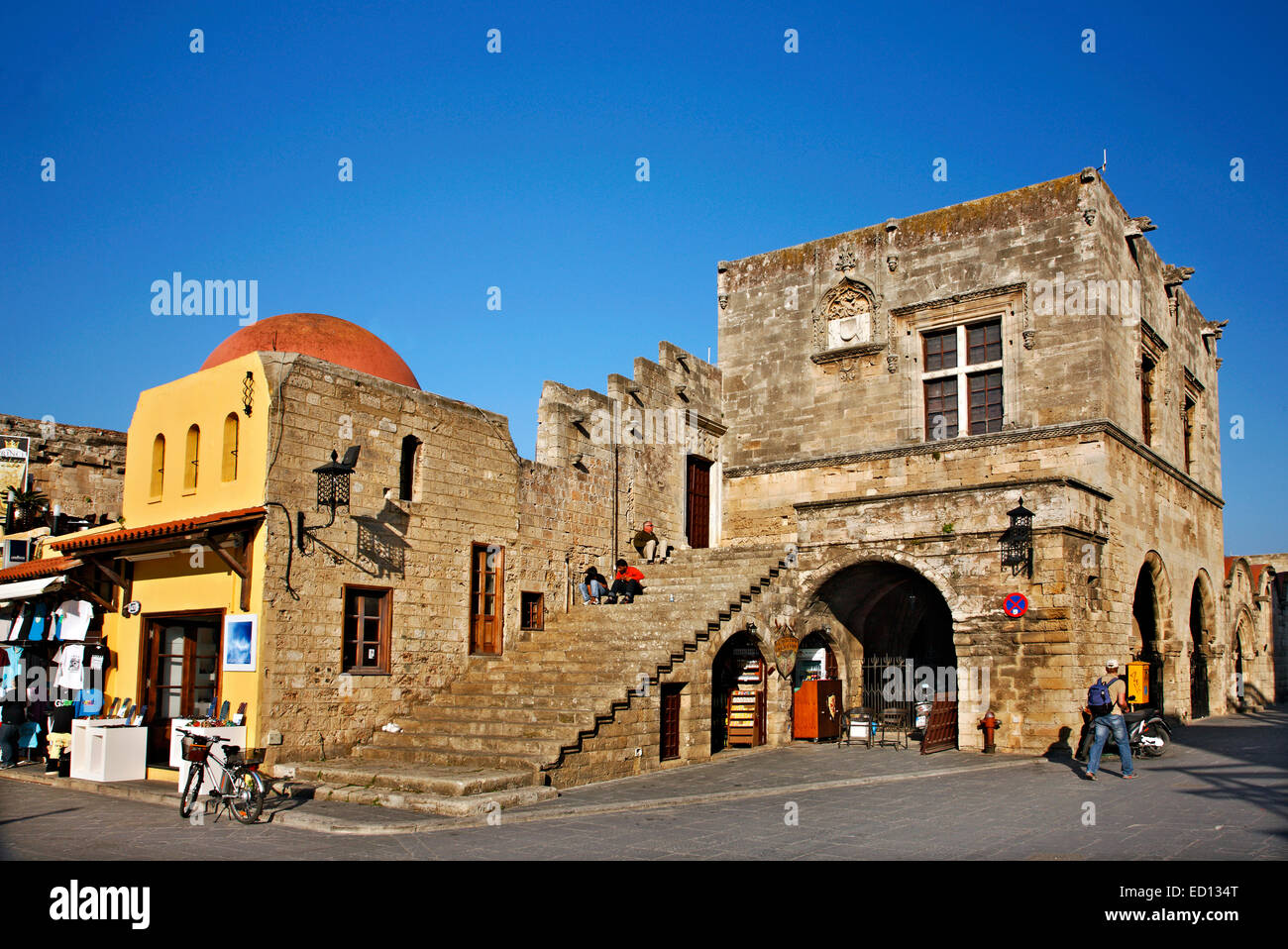 The building of the Castellania, at Ippokratous square ('Syntrivani' = 'fountain'),  Medieval town of Rhodes island, Greece. Stock Photo