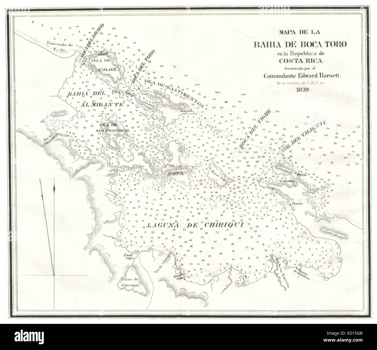 Mapa de la Bahia de Boca Toro en la Republica de Costa Rica (1839) Stock Photo