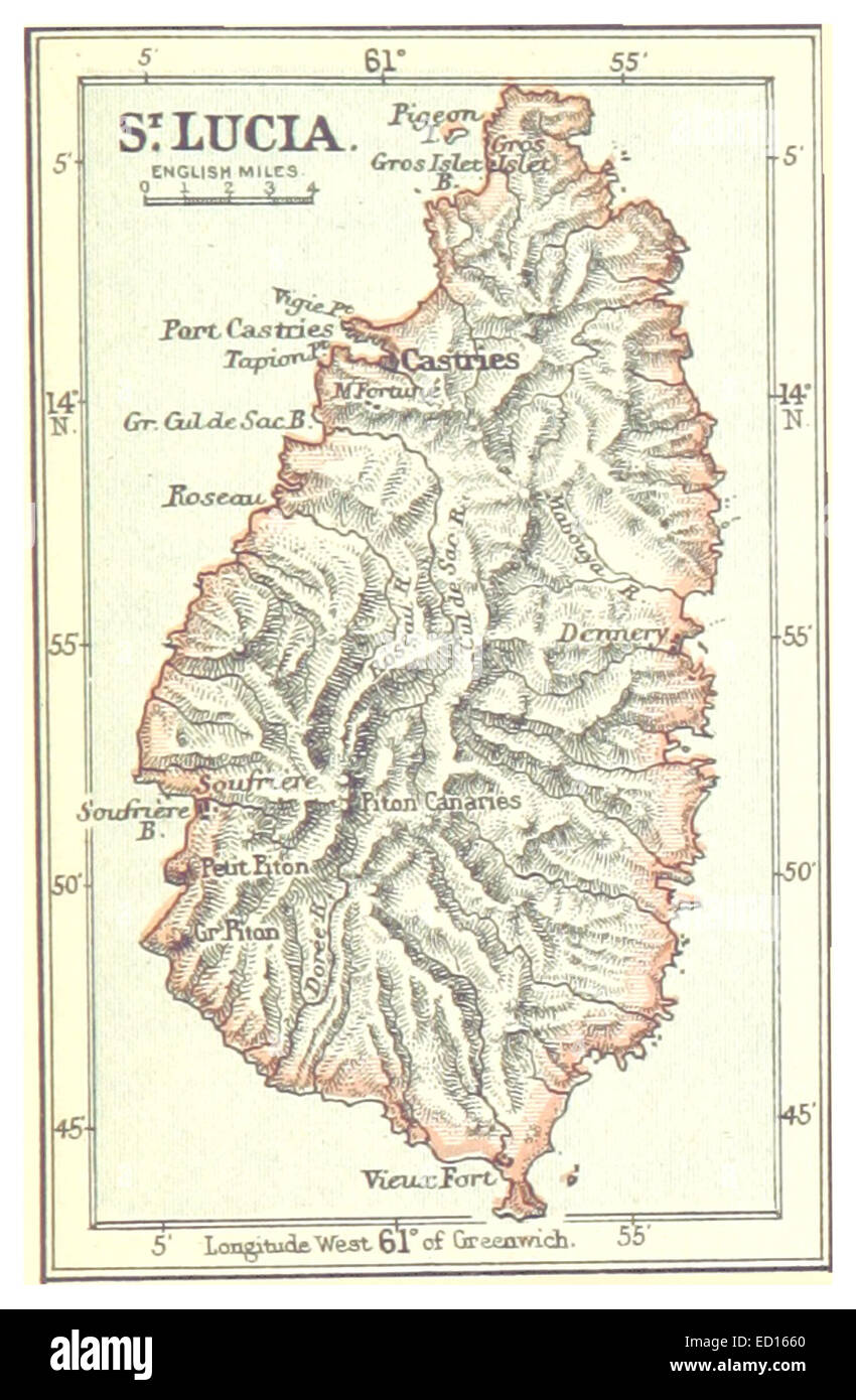 This 1888 map illustrates the island of Saint Lucia in the Caribbean ...