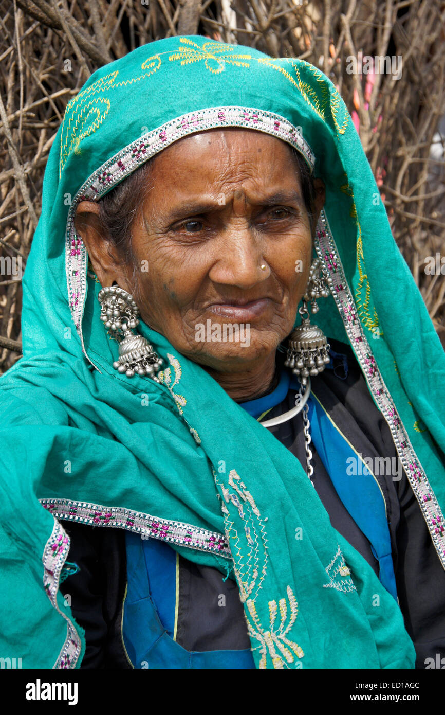 Old woman of Garasia tribe in village near Poshina, Gujarat, India Stock Photo