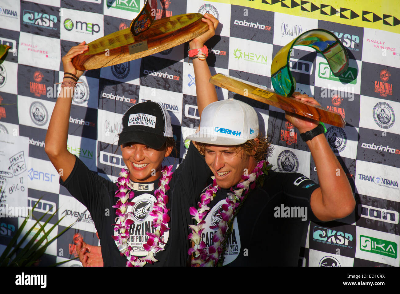 2013 World Champions. Moona Whyte and Keahi DeAboitiz at the 2013 Kite Surf Pro World Championships, Hookipa Beach, Maui, HI Stock Photo