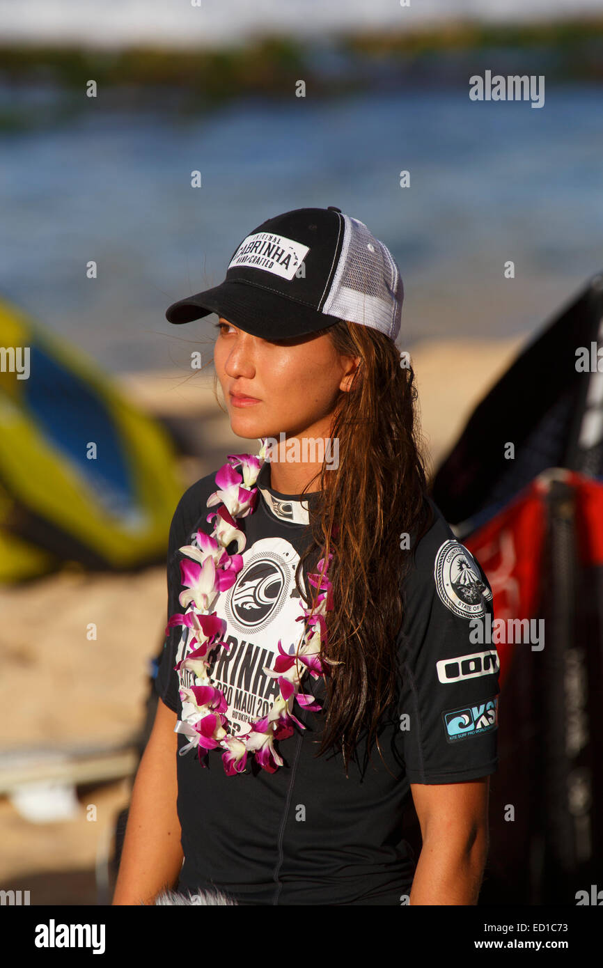 Moona Whyte who was crowned world champion at the 2013 Kite Surf Pro World Championships held nearby at Hookipa Beach, Maui, Ha Stock Photo