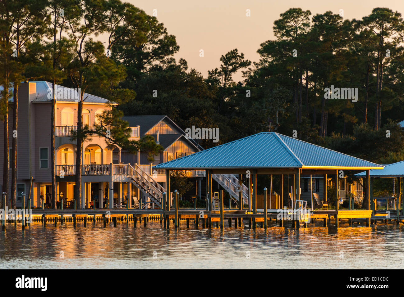 Homes along Wolf Bay near Cetacean Cruises dock, Orange Beach, Alabama. Stock Photo